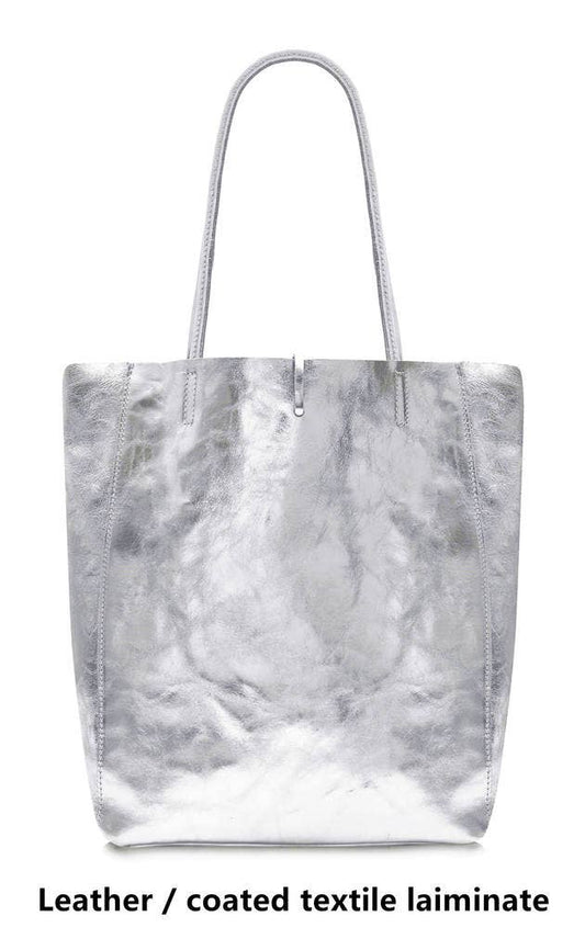 Italian Genuine Leather Large Shopper Tote Shoulder Handbag: Silver