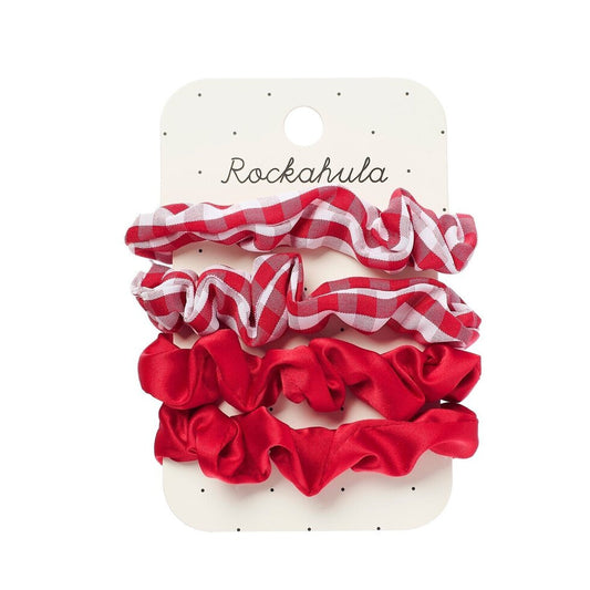 School Check and Satin Scrunchie Set - Red