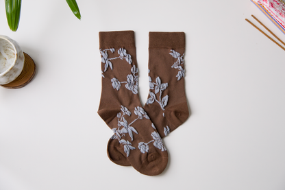 Retro Floral Cotton Crew Socks – Breathable Vintage Style: Grey-Green