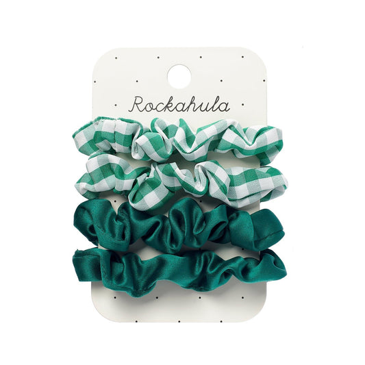 School Check and Satin Scrunchie Set - Green