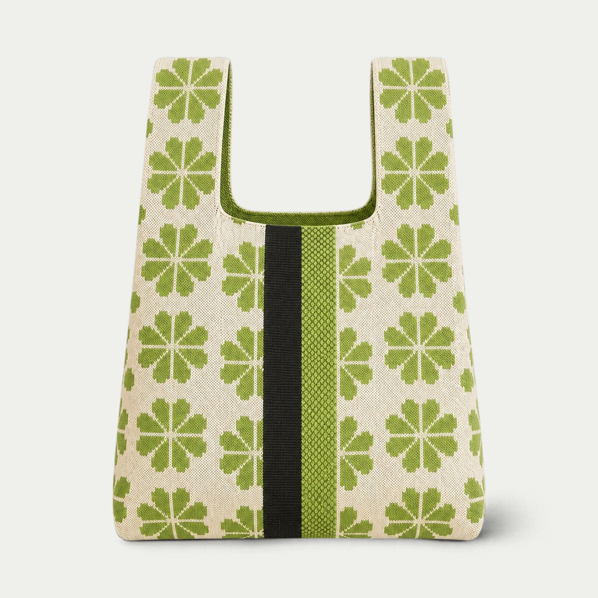 Floral Knitted Reusable Market Bag-Tote Bag-Giftable: Beige / Medium