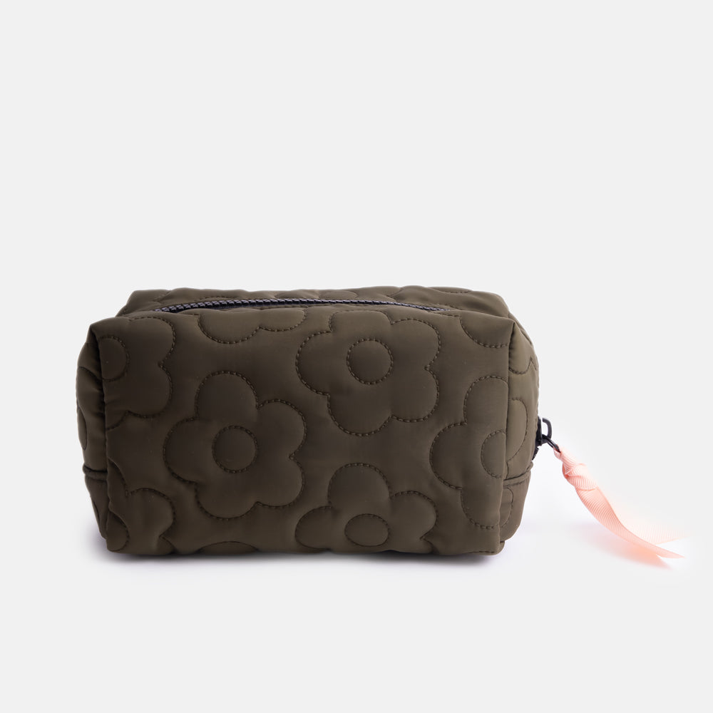 Khaki Flower Quilt Cube Cosmetic Bag