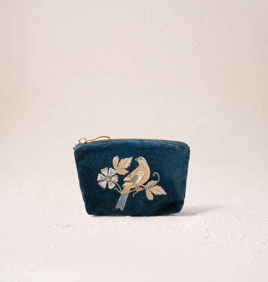 Botanical Birds Coin Purse - Ink Blue