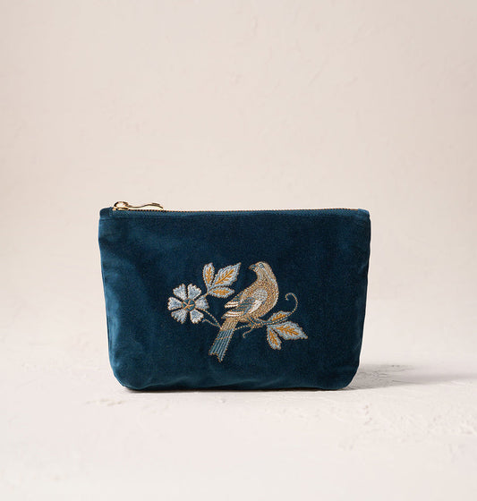 Botanical Birds Mini Pouch - Ink Blue