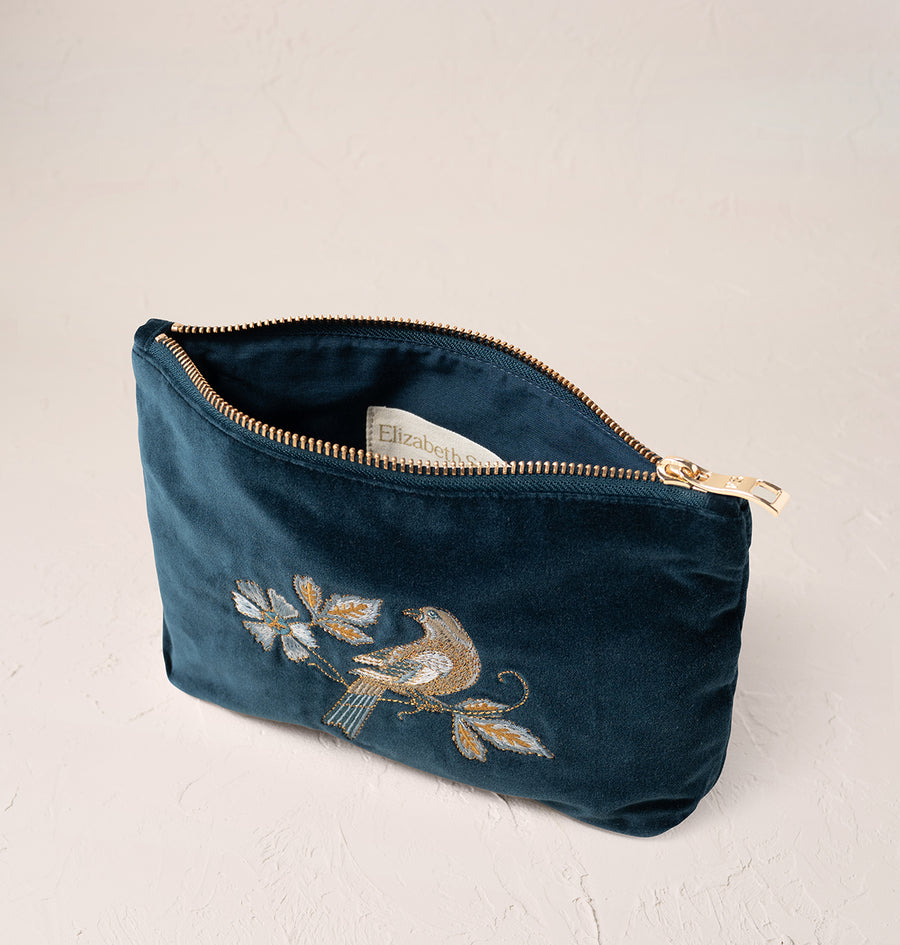 Botanical Birds Mini Pouch - Ink Blue