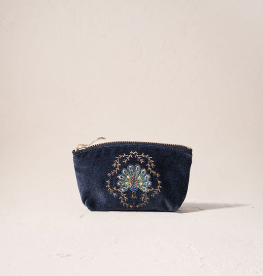Botanical Peacock Coin Purse - Indigo Velvet