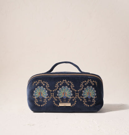 Botanical Peacock Open Flat Makeup Bag - Indigo Velvet