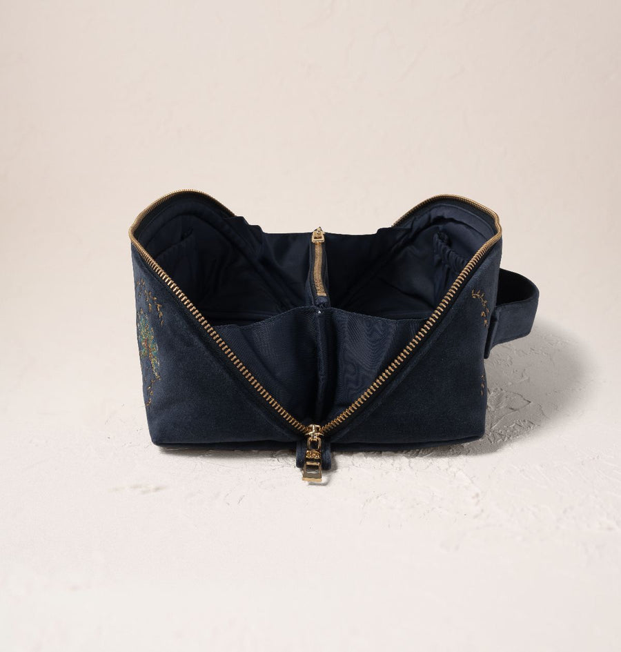 Botanical Peacock Open Flat Makeup Bag - Indigo Velvet