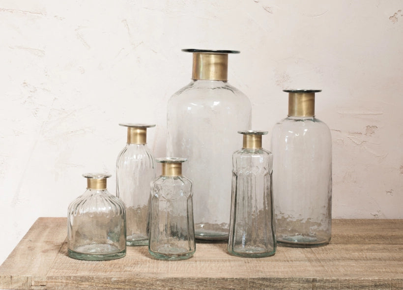 Chara Hammered Bottle - Clear Glass and Antique Brass