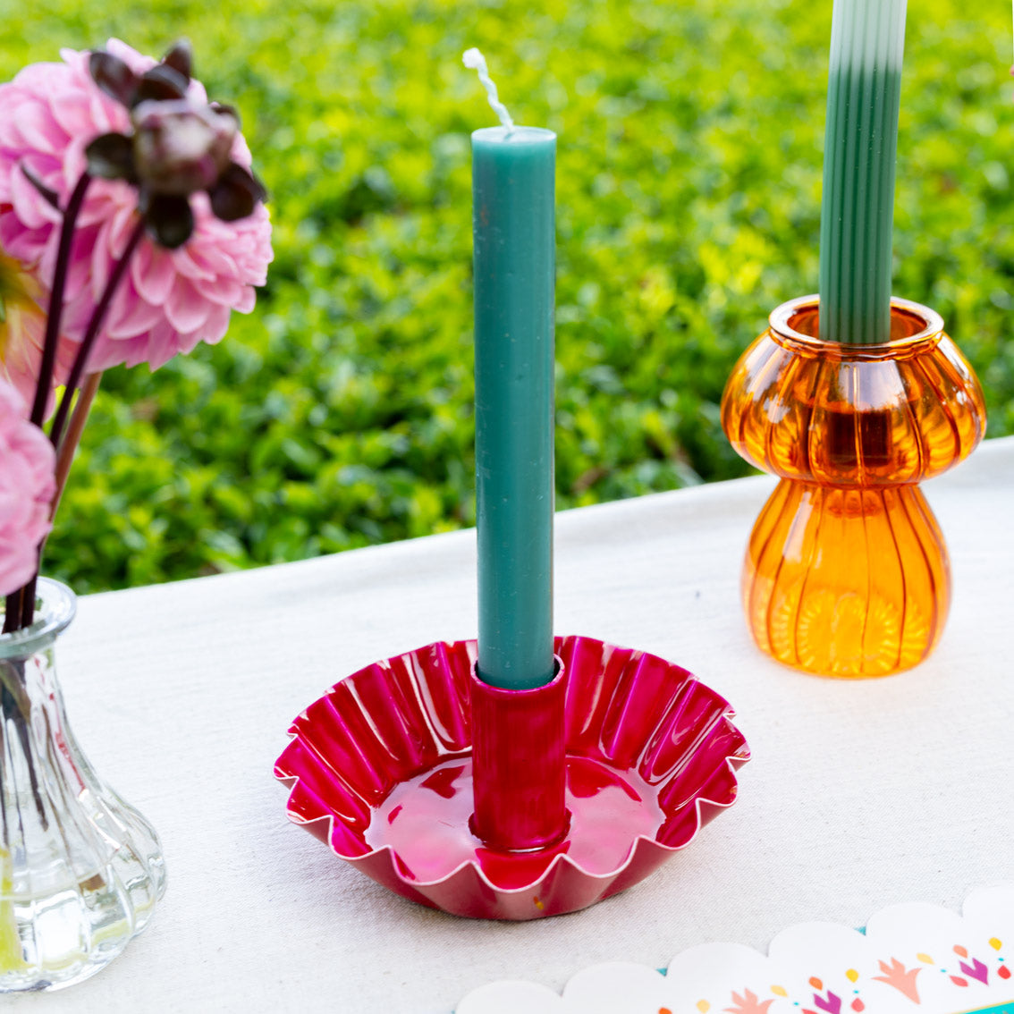 Scalloped Pink Metal Dinner Candle Holder