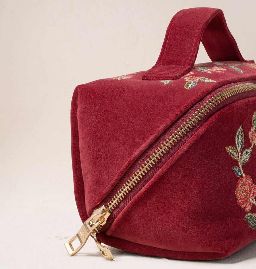 Camellia Romance Open Flat Makeup Bag - Cranberry Velvet