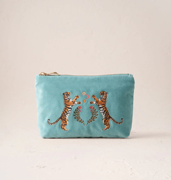 Celestial Tigers Velvet Mini Pouch - Dusky Teal
