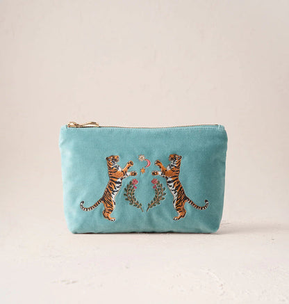 Celestial Tigers Velvet Mini Pouch - Dusky Teal