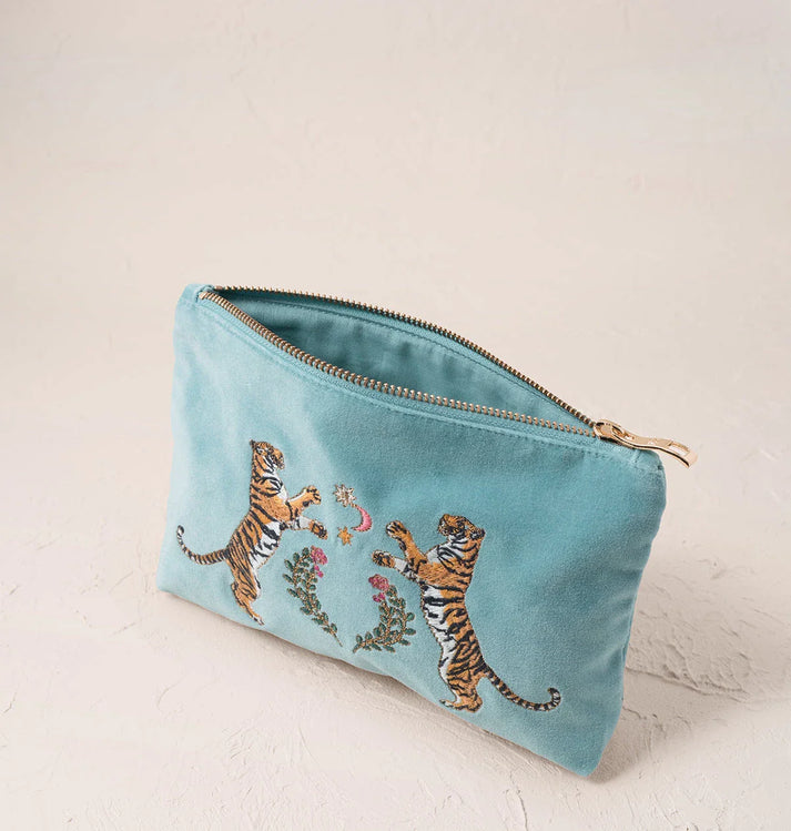 Celestial Tigers Velvet Mini Pouch - Dusky Teal