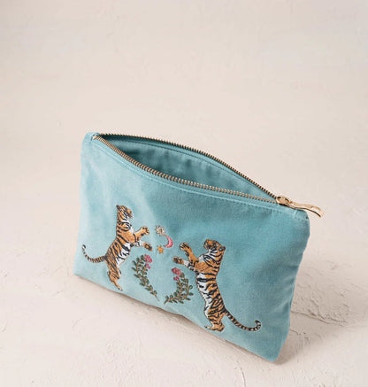 Celestial Tigers Velvet Mini Pouch - Dusky Teal