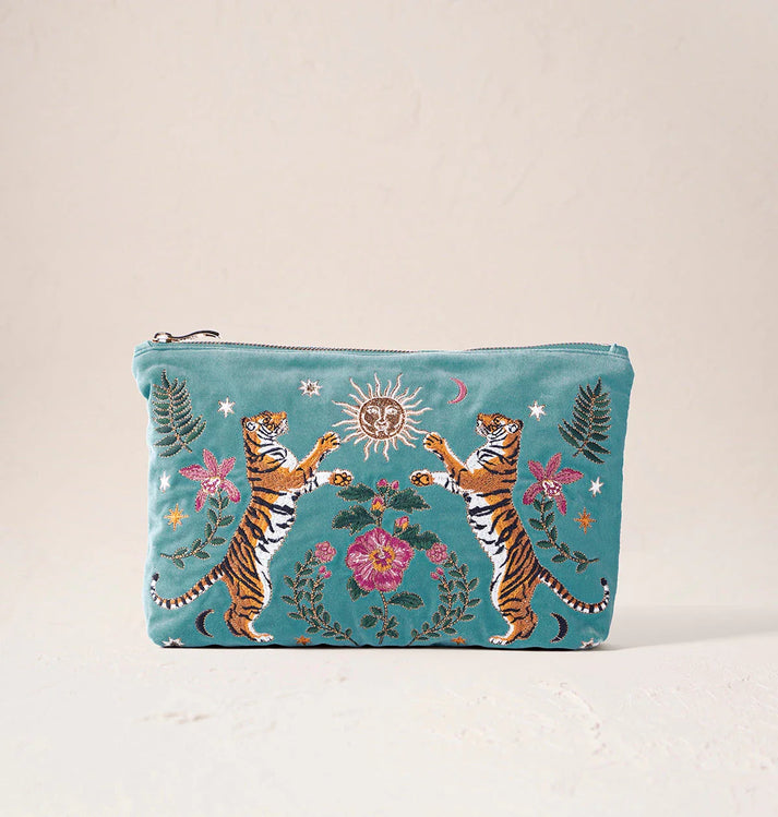 Celestial Tigers Velvet Everyday Pouch - Dusky Teal