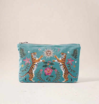 Celestial Tigers Velvet Everyday Pouch - Dusky Teal