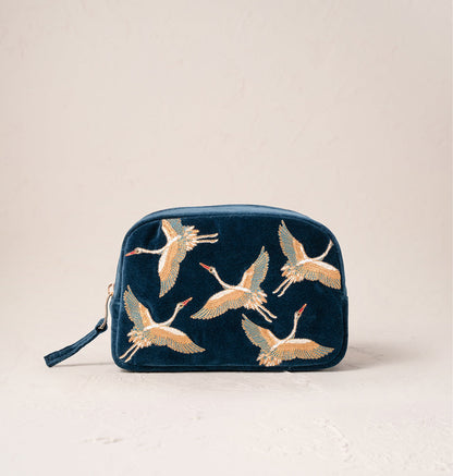 Cranes Ink Blue Velvet Makeup Bag