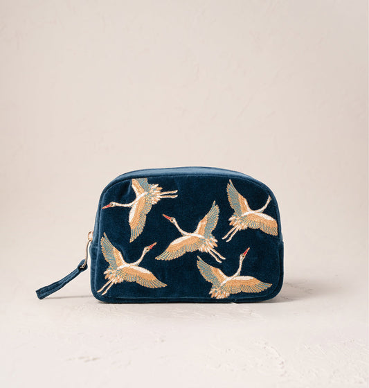 Cranes Ink Blue Velvet Makeup Bag