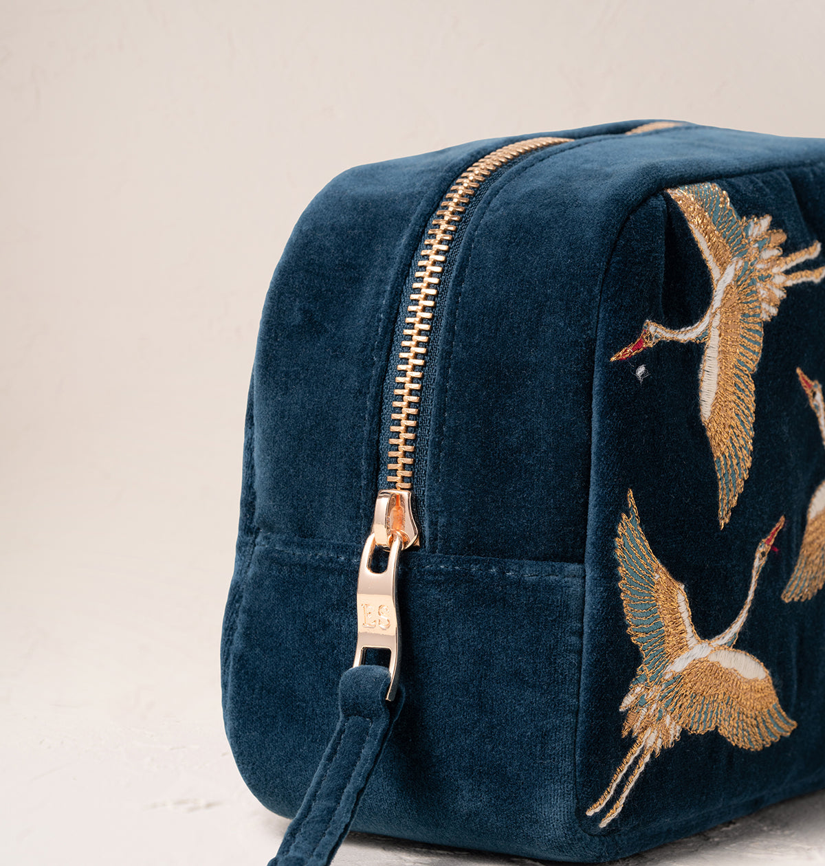 Cranes Ink Blue Velvet Makeup Bag