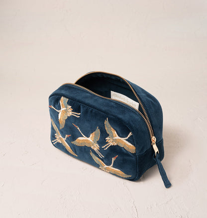 Cranes Ink Blue Velvet Makeup Bag