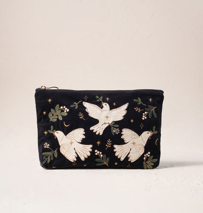 Doves of Peace Velvet Everyday Pouch - Charcoal