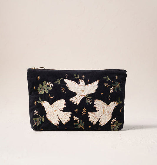 Doves of Peace Velvet Everyday Pouch - Charcoal