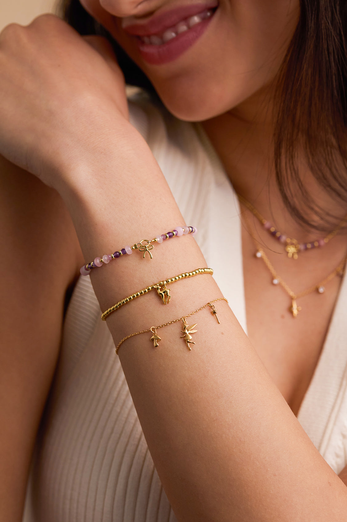 Bow Charm Faceted Purple Mix Amelia  Bracelet - Gold Plate