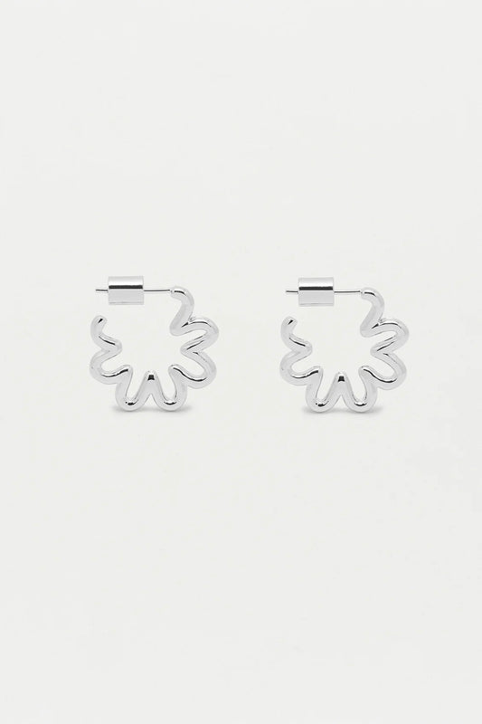 Silver Squiggle Flower Hoop Earrings - Silver Plated