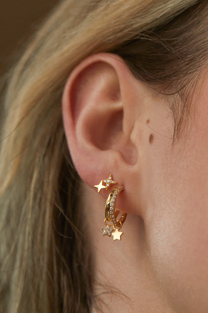 Duo Pave Star Hoop Earrings - Gold Plated