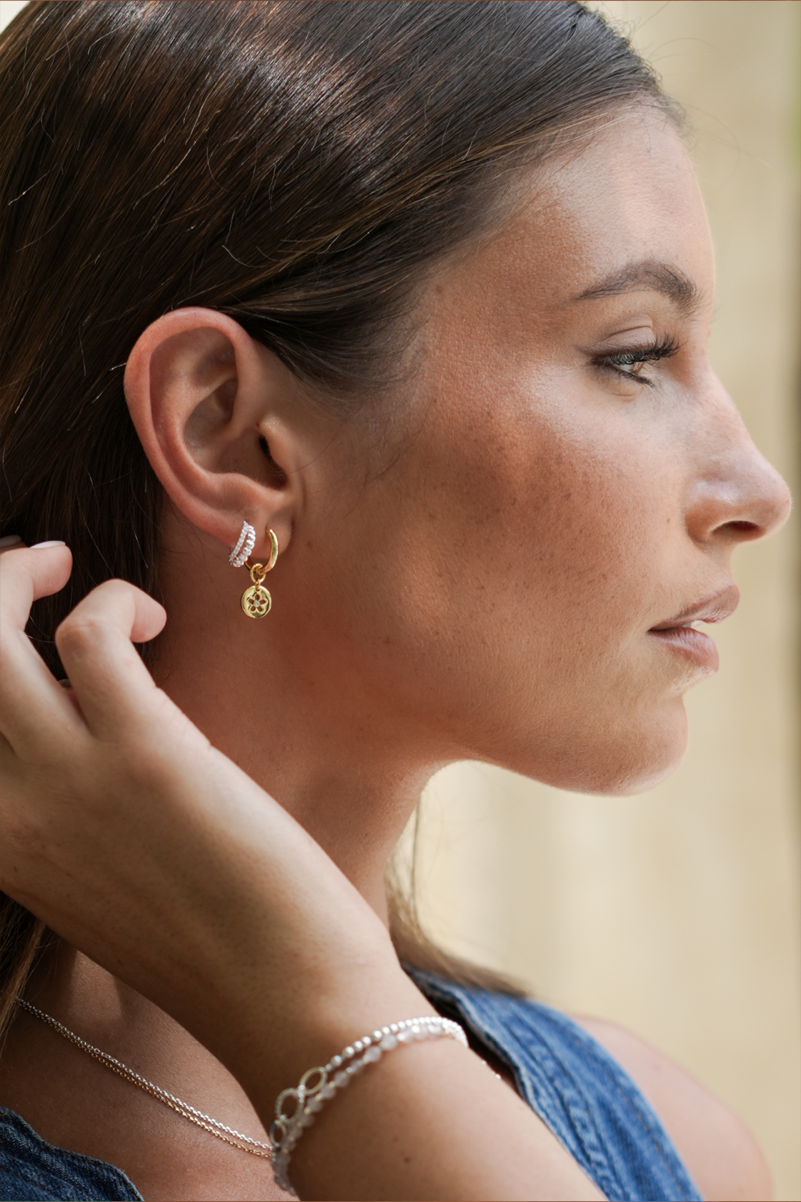 CZ Flower Coin Hoops - Gold Plated