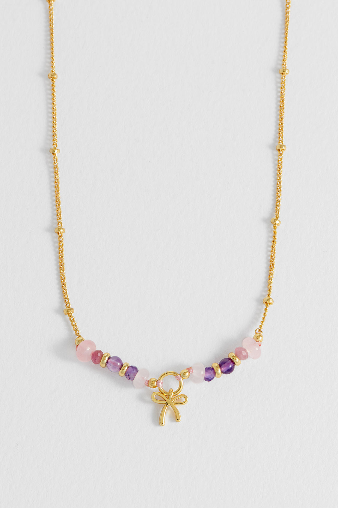 Bow Charm Faceted Purple Beaded Necklace - Gold Plated