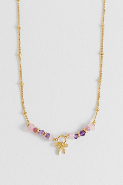 Bow Charm Faceted Purple Beaded Necklace - Gold Plated