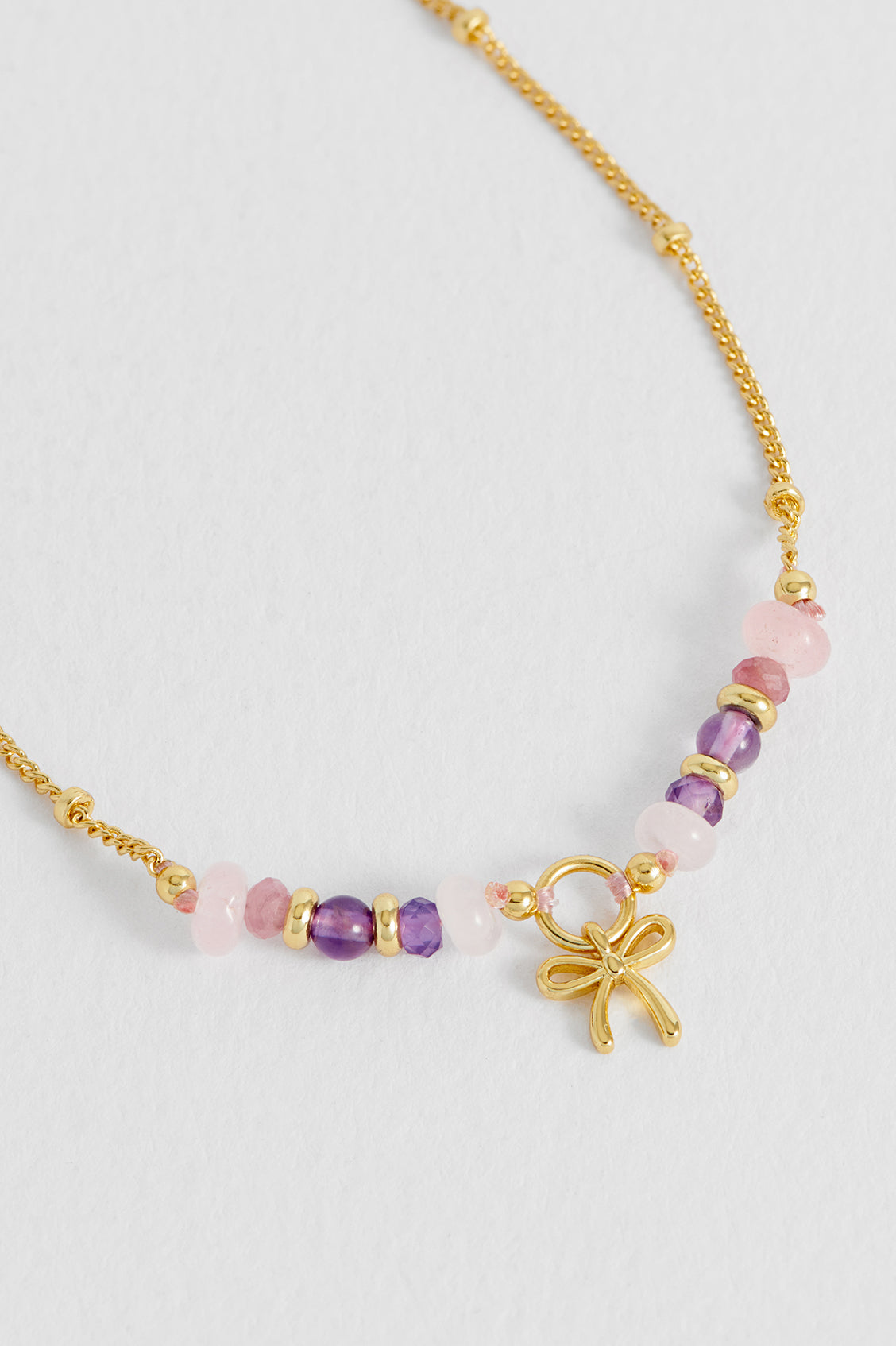 Bow Charm Faceted Purple Beaded Necklace - Gold Plated