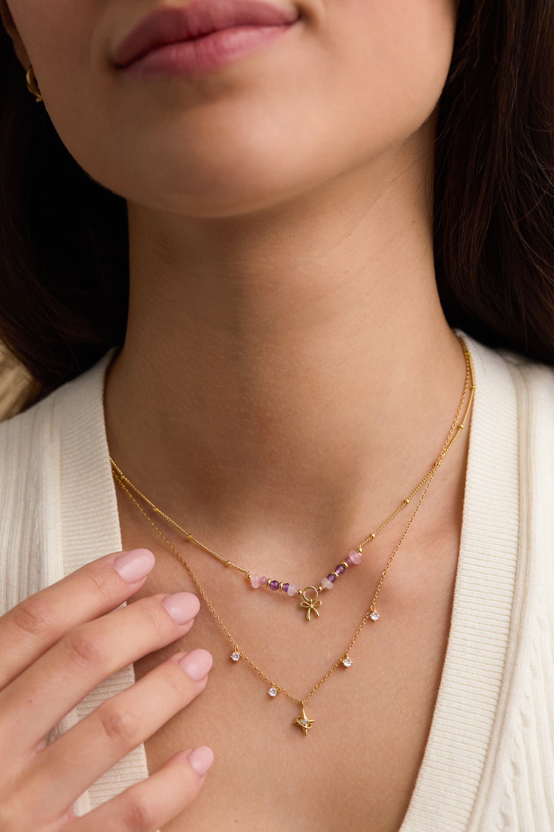 Bow Charm Faceted Purple Beaded Necklace - Gold Plated