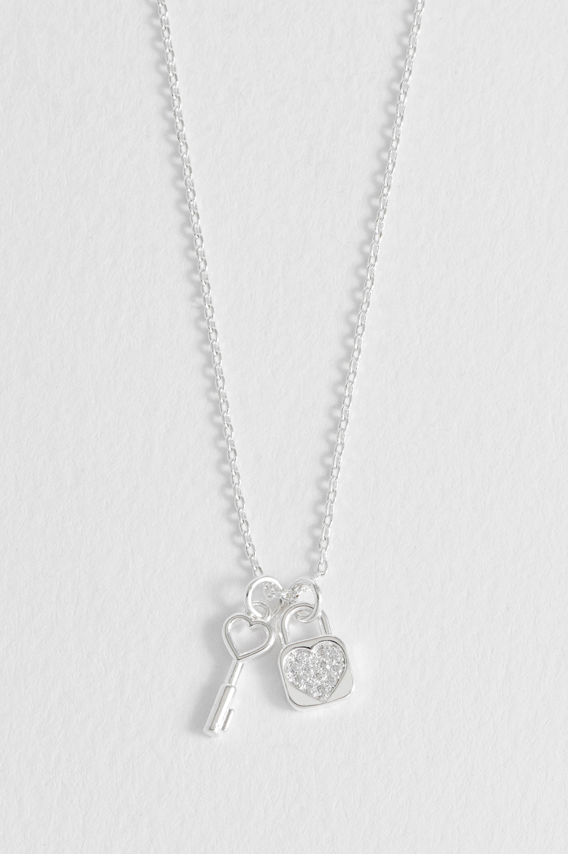 Padlock and Heart Key Charm Necklace - Silver Plated