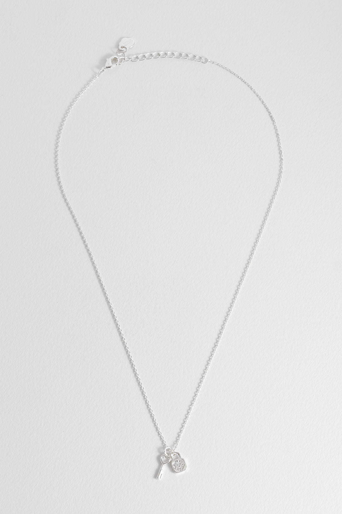 Padlock and Heart Key Charm Necklace - Silver Plated