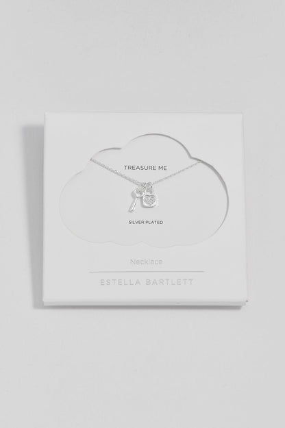 Padlock and Heart Key Charm Necklace - Silver Plated