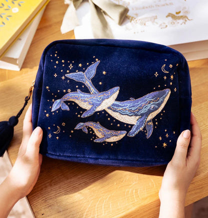 Mystical Whale Velvet Wash Bag - Navy