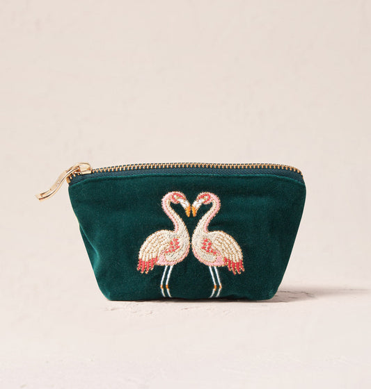 Kissing Flamingo - Emerald Velvet Coin Purse