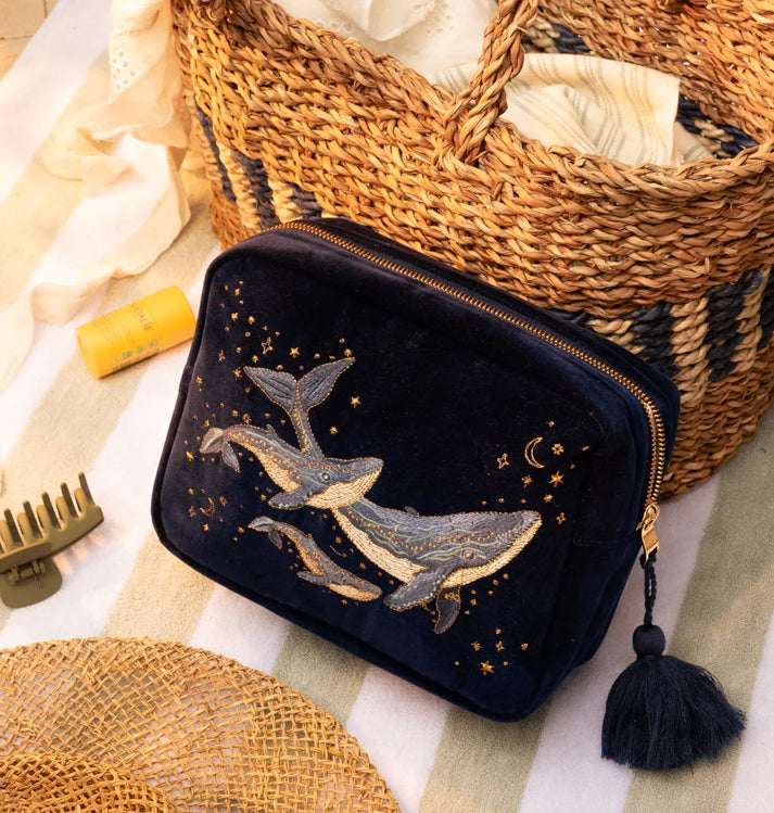 Mystical Whale Velvet Wash Bag - Navy