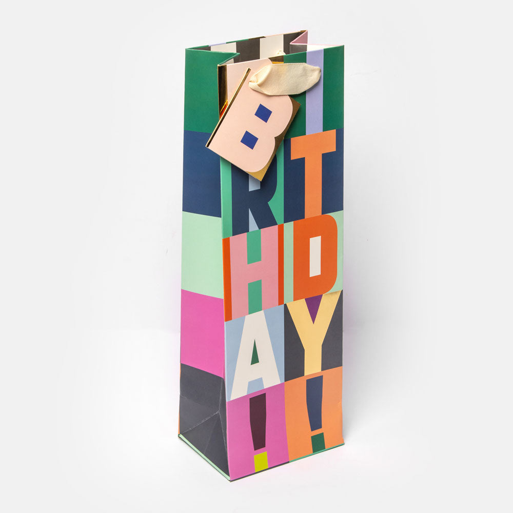 Happy Birthday Block Text Bottle Gift Bag