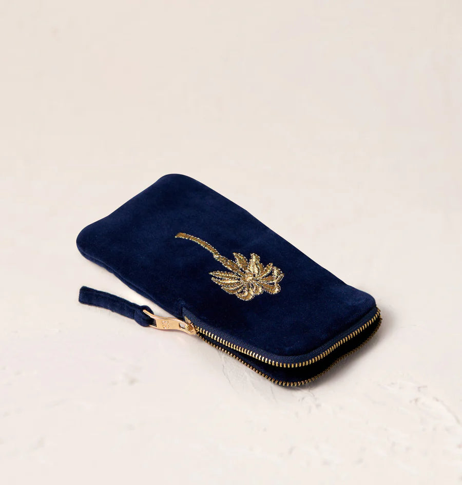 Gold Palm Velvet Glasses Case - Navy