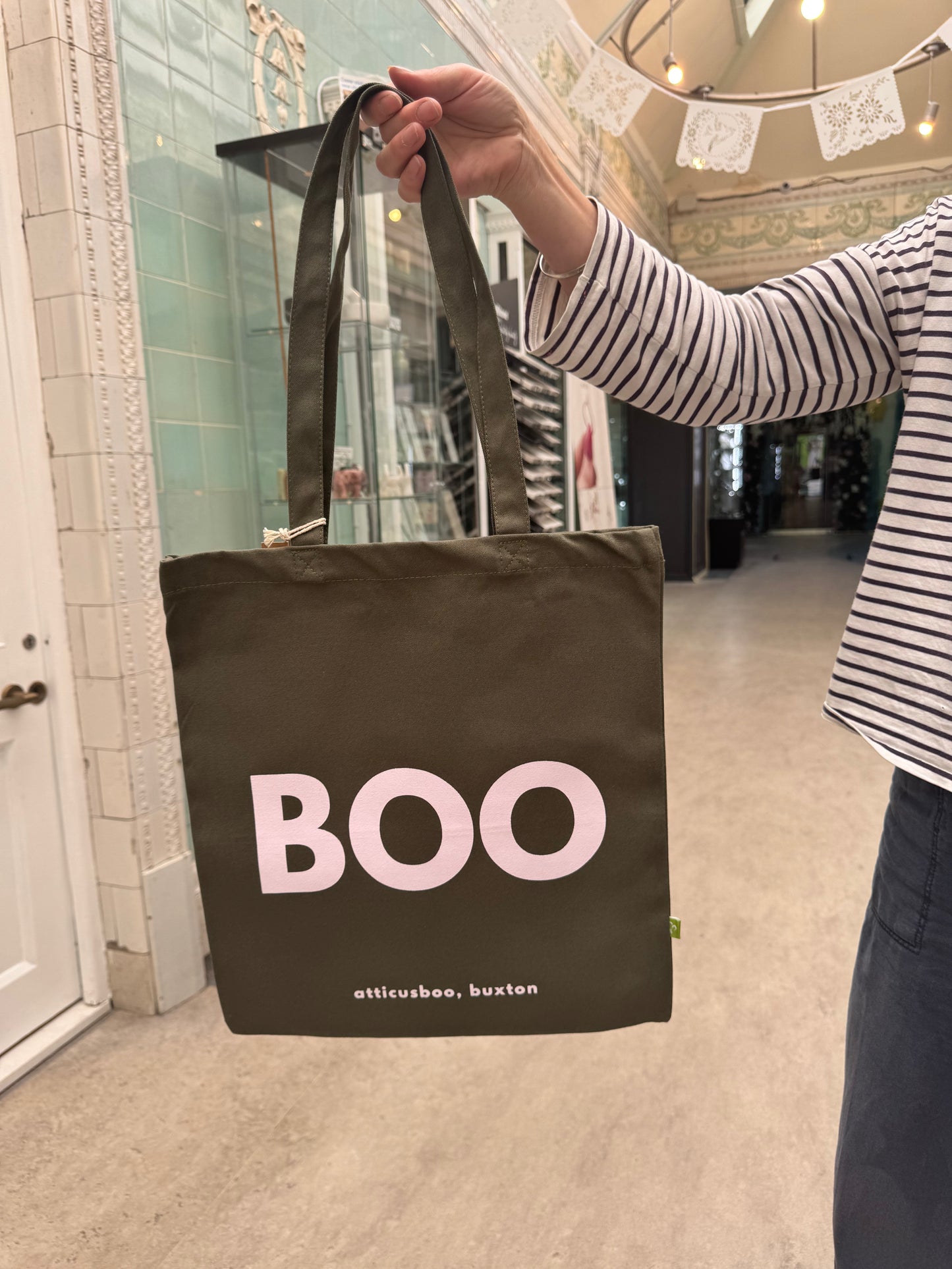 BOO tote bag - Pink on Olive