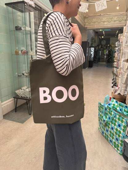 BOO tote bag - Pink on Olive
