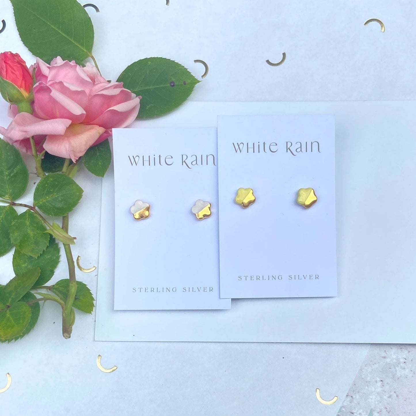 White Flower Ceramic Studs With Gold Lustre