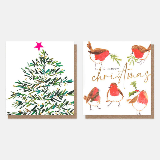 Tree and Robins Mixed Charity Christmas Cards Pack of 8