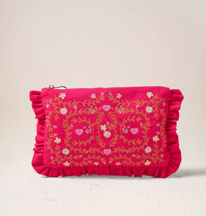 Mediterranean Garden Frill Everyday Pouch - Pink cotton