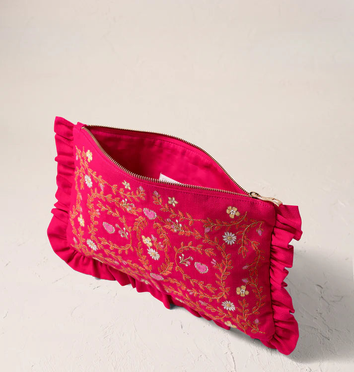 Mediterranean Garden Frill Everyday Pouch - Pink cotton