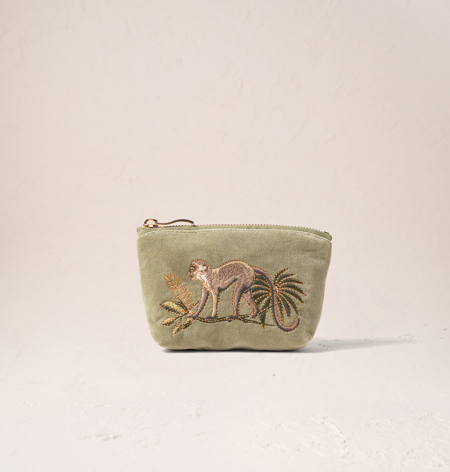 Monkeys Olive Velvet Coin Purse